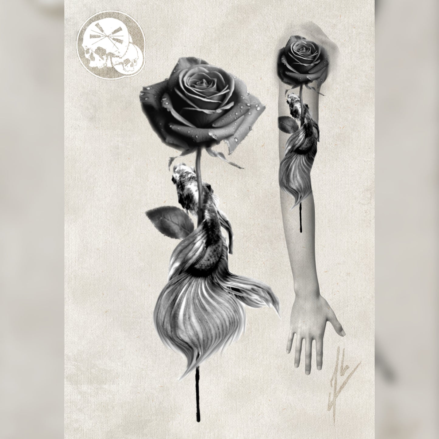 Arrhes Tattoo - Flash - Projet poisson combattant & sa rose noir par Alex de The Needles Factory