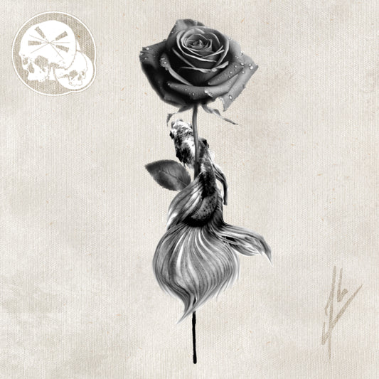 Arrhes Tattoo - Flash - Projet poisson combattant & sa rose noir par Alex de The Needles Factory
