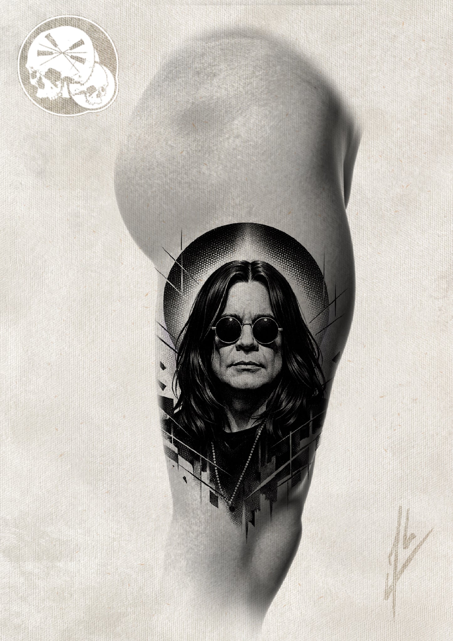 Réservation tatouage – Ozzy Osbourne (portrait noir et gris graphique)