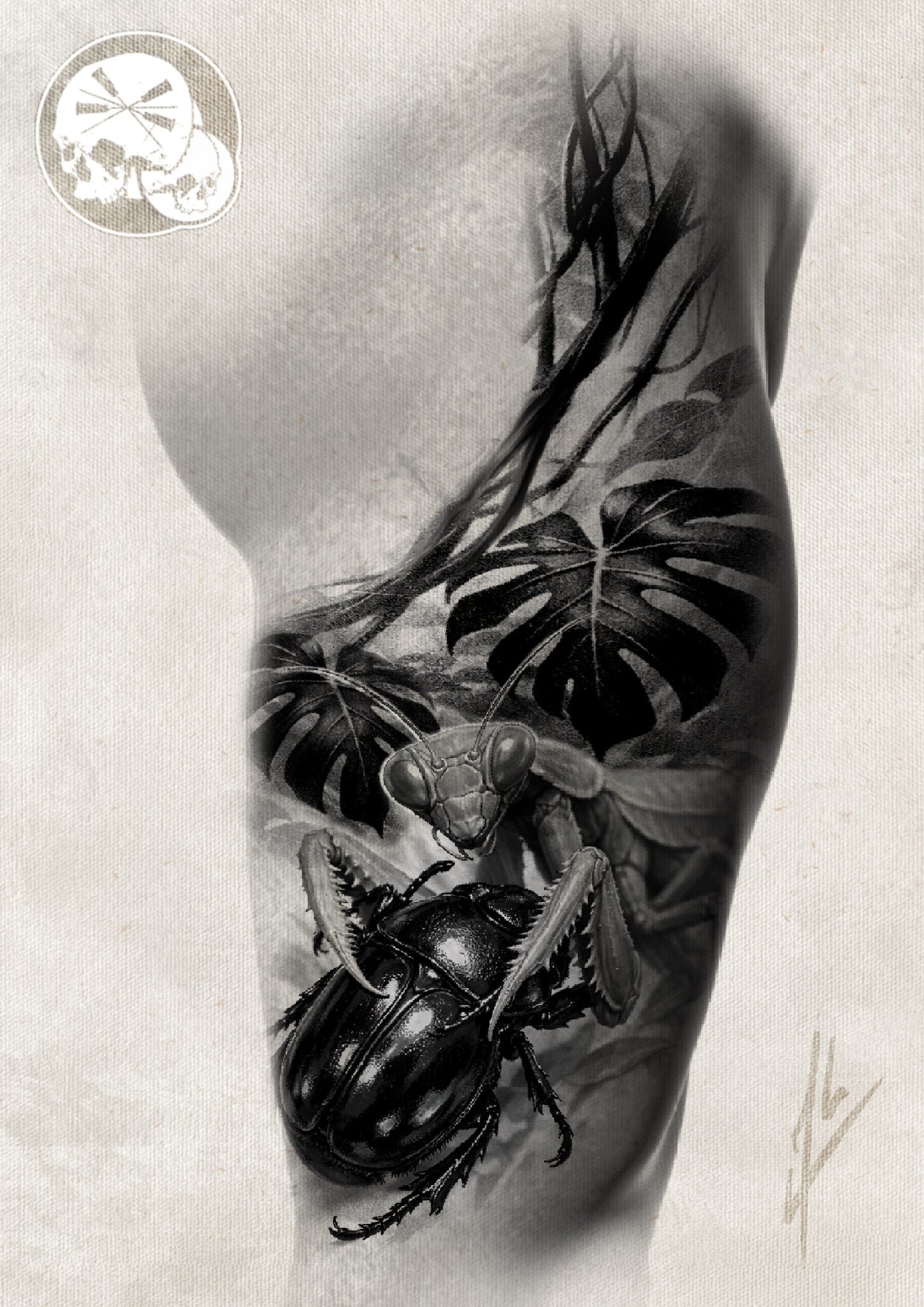 Réservation – Mante religieuse & scarabée jungle (noir et gris)