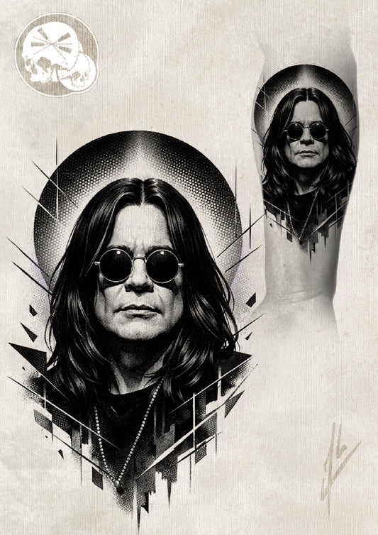 Réservation tatouage – Ozzy Osbourne (portrait noir et gris graphique)