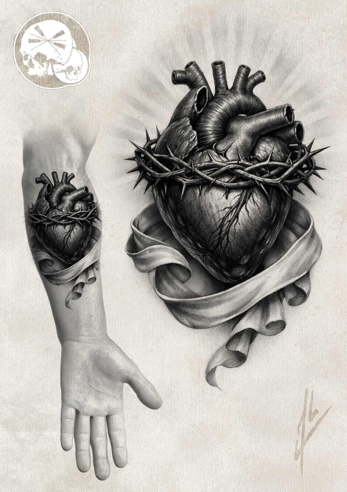 Réservation – Cœur sacré anatomique (couronne d’épines + ruban) (noir et gris)