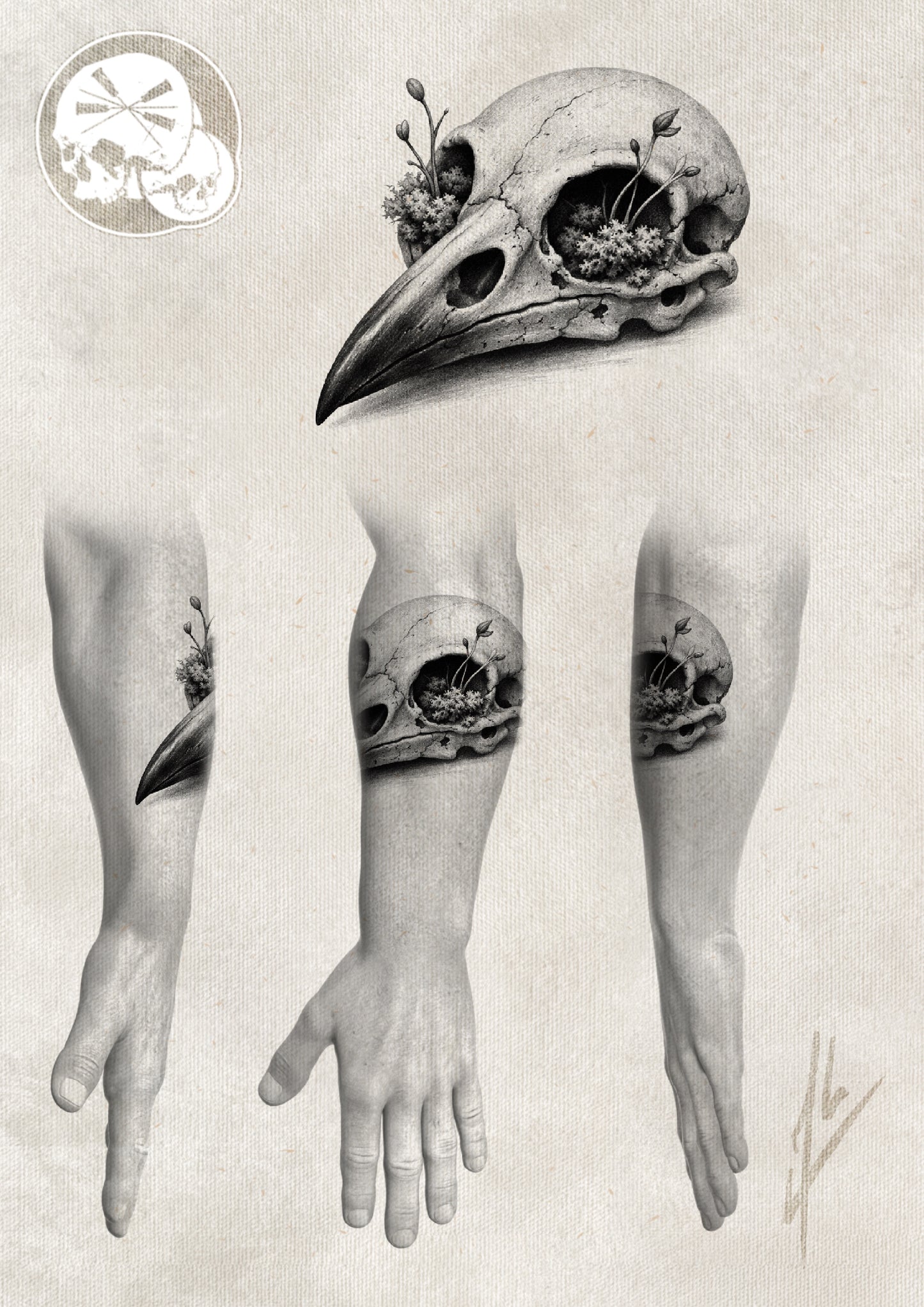 Réservation tatouage — Crâne de Corbeau – Réalisme organique Black & Grey