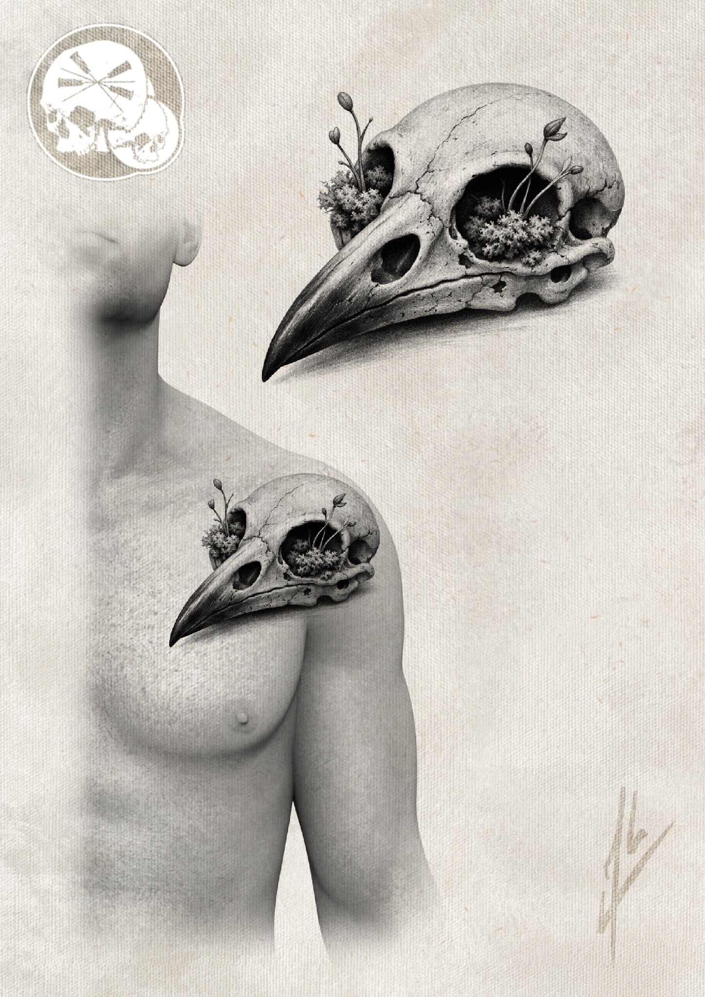 Réservation tatouage — Crâne de Corbeau – Réalisme organique Black & Grey