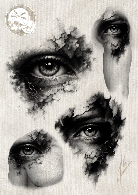 Réservation – Œil glitch (fissures & circuit) (noir et gris)