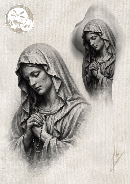 Réservation – Vierge Marie prière & chapelet (noir et gris)